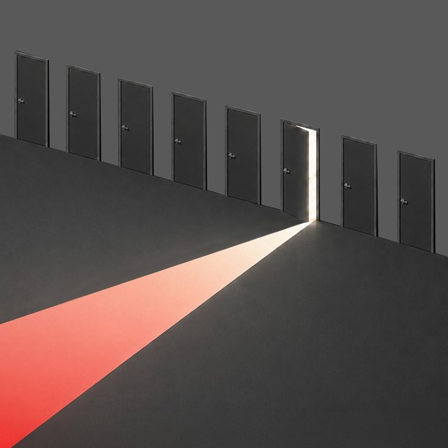 Illustration of light cascading into a dark room from a single door