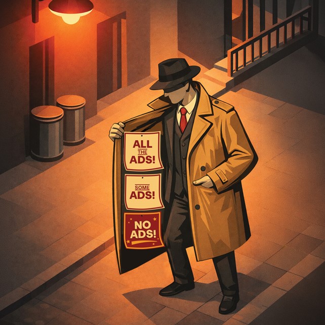 Illustration of a back alley salesperson hawking subscription tiers