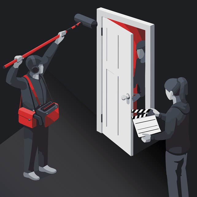 Illustration of a foley crew capturing audio of a door about to be closed
