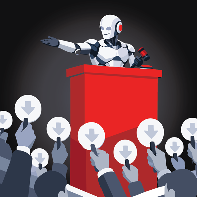 Illustration of a robot auctioneer