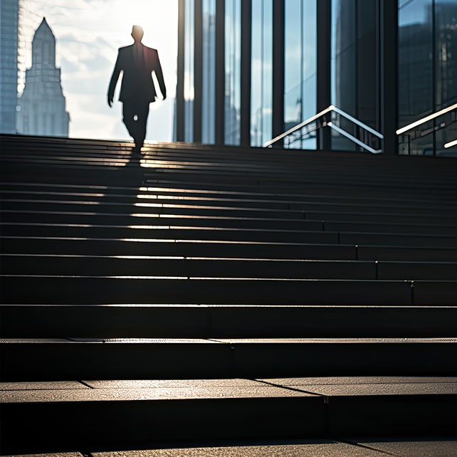 Business person walking up stairs