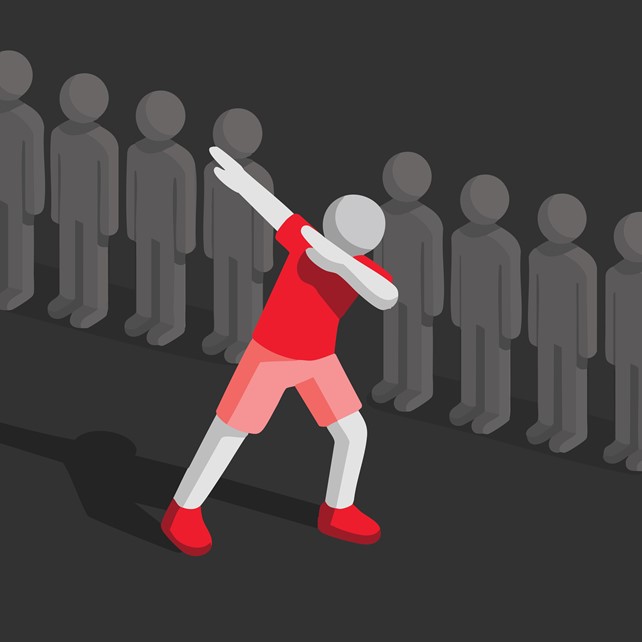 Illustration of a figure dabbing in front of a line of drone-like peers