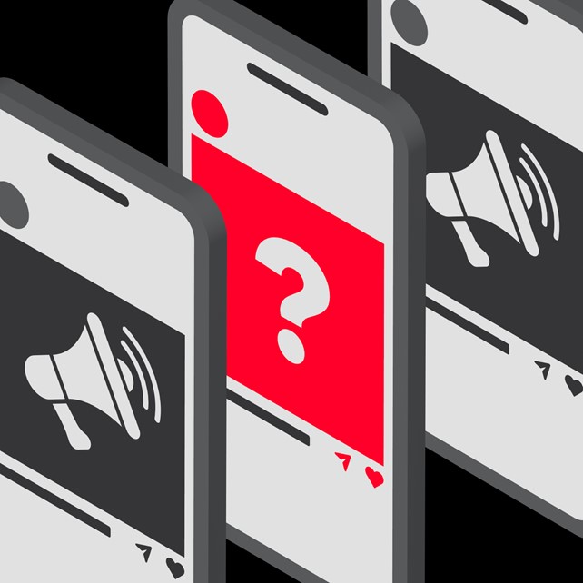 mobile phone screens with question mark and megaphone icons