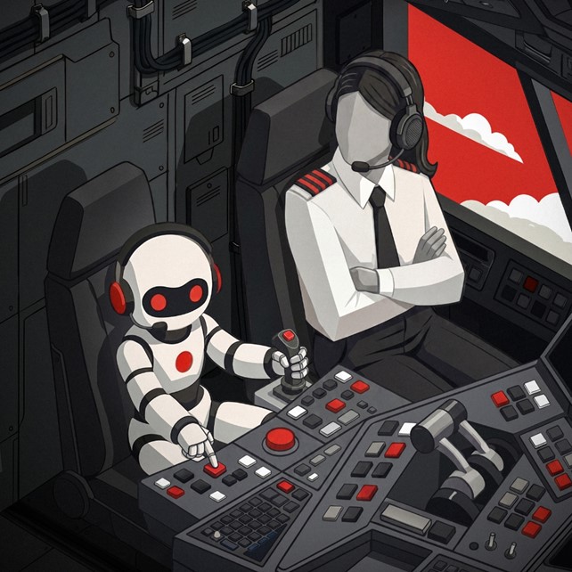Illustration of an airline pilot displeased with robot 'copilot' 