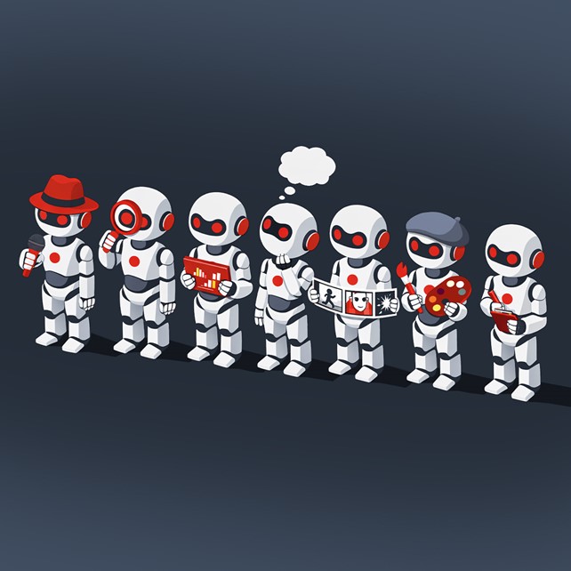 Illustration of seven robots each with a different job