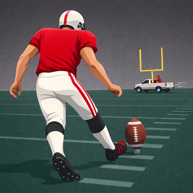 Illustration of a football kicker trying to kick a field goal as the goalpost is moved