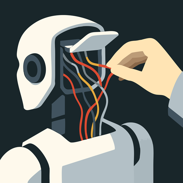 Illustration of a robot's 'brain' being rewired