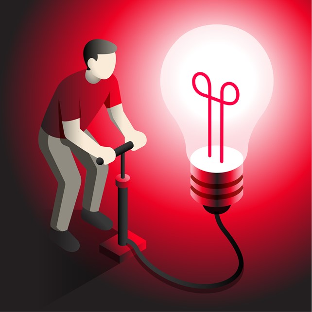 Illustration person inflating a lightbulb