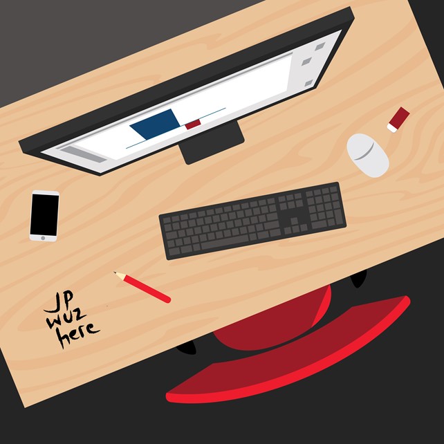 Illustration of a desk with "JP wuz here" carved into it
