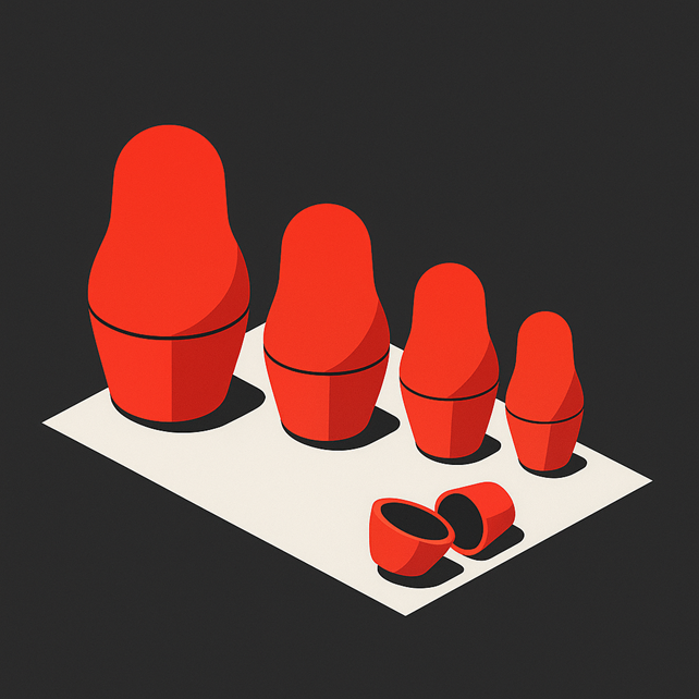 illustration of nesting dolls in a row with smallest one fallen and open