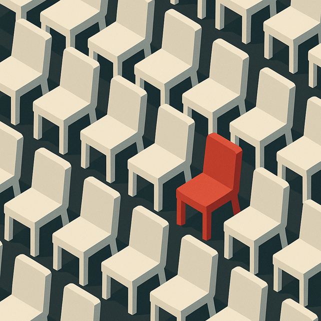 illustration of one red chair among rows of white chairs